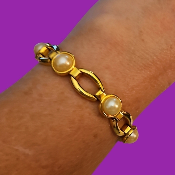 VTG Goldtone Pearl Link Formal Bridal Bracelet - Picture 1 of 5